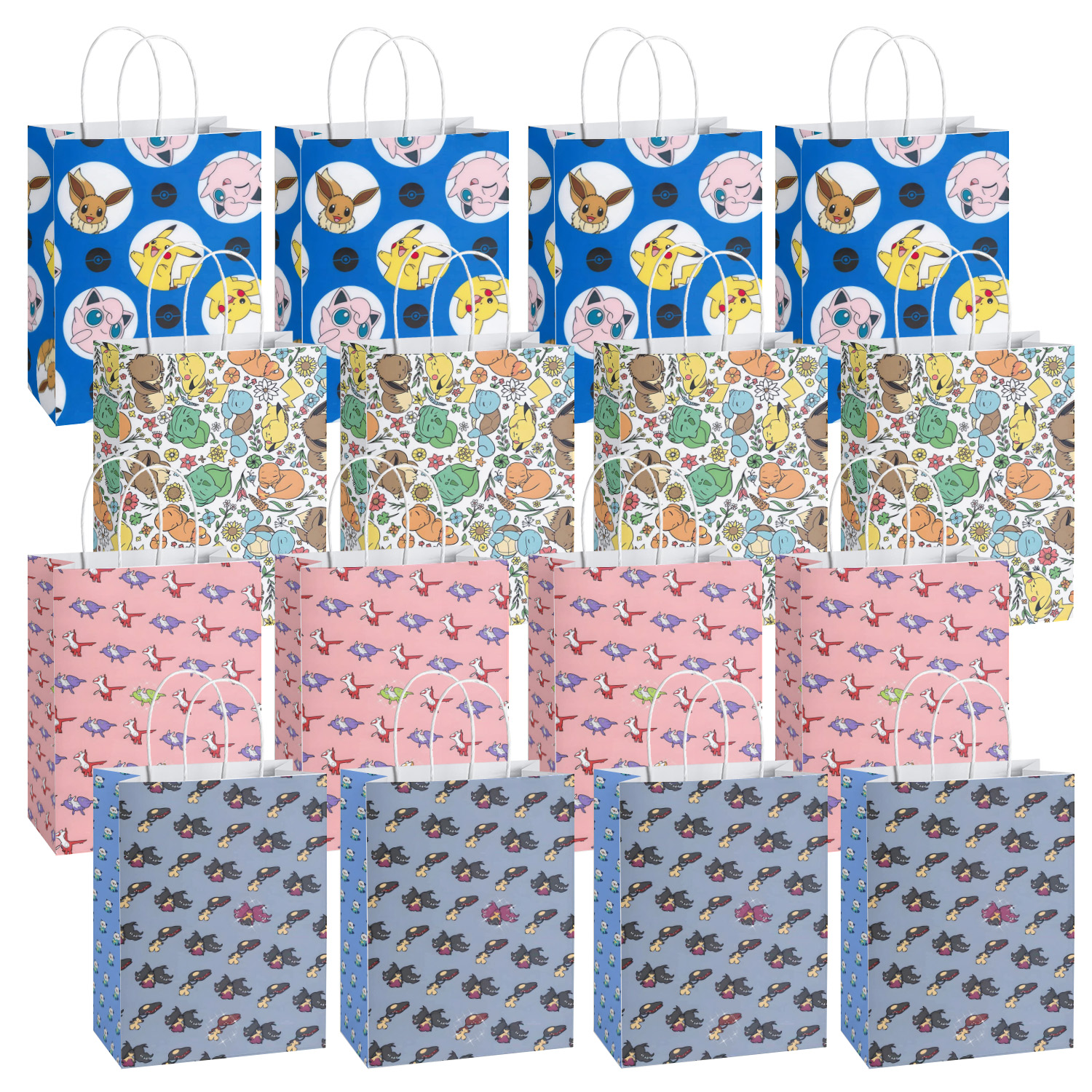 SALQGBUW-Pokemon 16 Pcs Party Paper Gift Bags – Cute Cartoon Favor Bags for Kids' Birthday, Baby Shower, Classroom Treats, and Party Supplies for Boys and Girls
